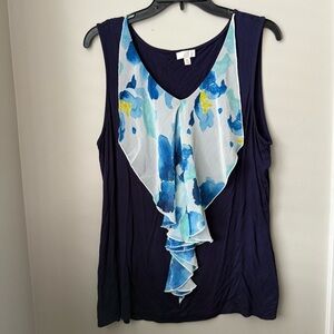 Women's Navy and Blue V-Neck Sleeveless Floral Blouse